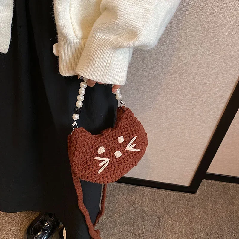 

Mini Handbag Shoulder Bag Knitted Hand-woven Fashionable Cat Pearl Phone Pouch Coin Purses Key Bag Casual Simple Sweet for Girl