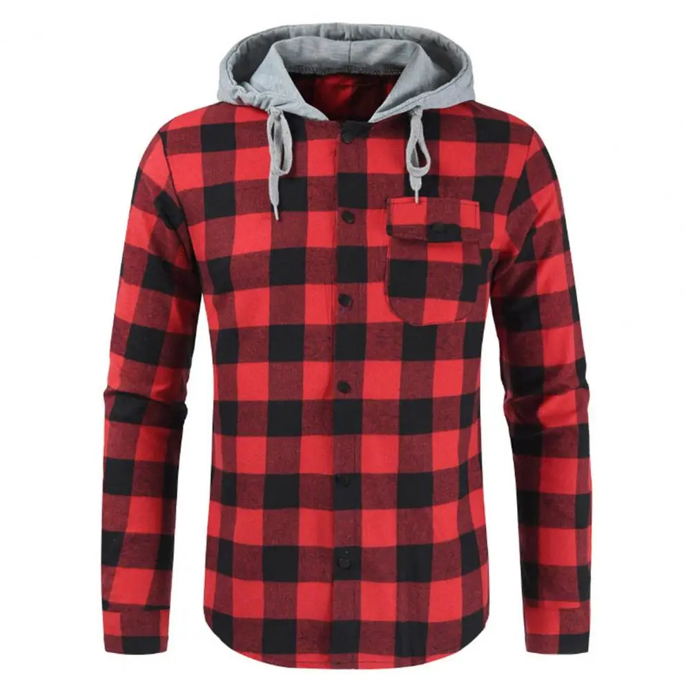 

Plaid Print Men Shirt Stylish Men's Plaid Print Hooded Cardigan Fall/winter Color Matching Soft Long Sleeve Drawstring