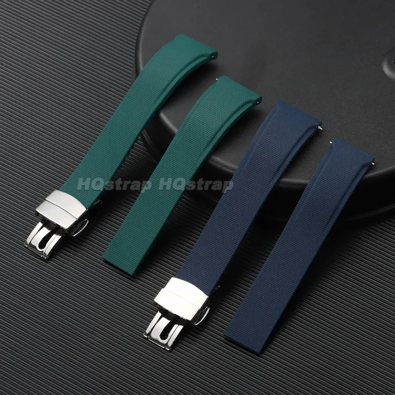 Enhanced FKM Curved End Rubber Watch Strap with Quick Release Deployment Buckle - Waterproof Fluororubber Bracelet