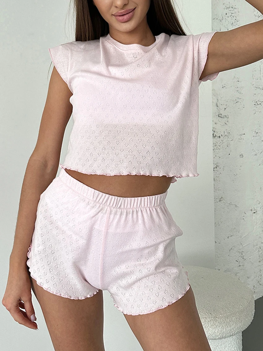Marthaqiqi Summer Ladies Nightwear 2 Piece Suit O-Neck Sleepwear Short Sleeve Pajama Crop Top Pijama Shorts Casual Nightgown Set