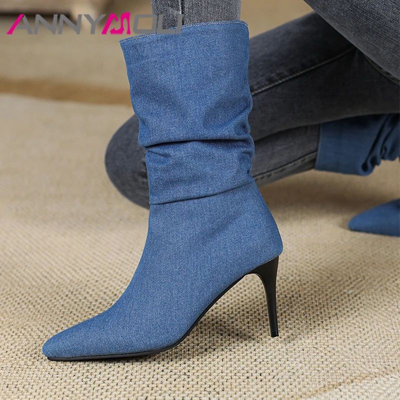 

Ботильоны ANNYMOLI женские с острым носком, тонкий высокий каблук, плиссированные джинсовые короткие сапоги, модная зимняя обувь, черные, темно-синие, 46