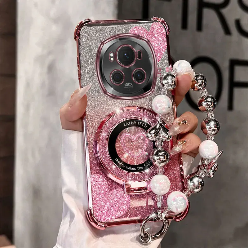 Pearl Strap Glitter Love Phone Holder Case with Anti-Knock Back Cover