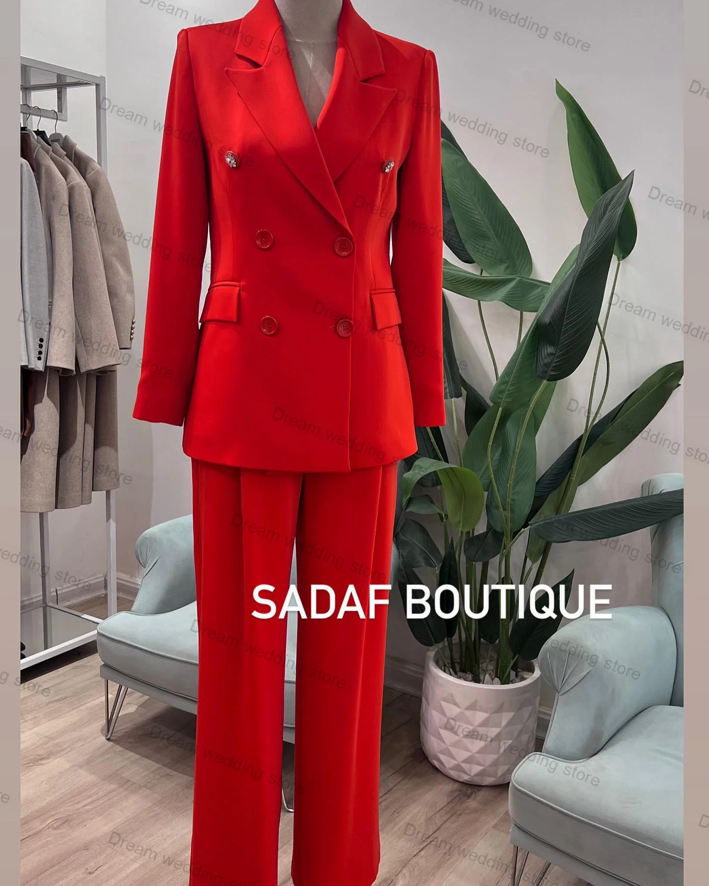 

Red Women Suits Pant Set 2 Pcs Blazer+Trousers Formal Cotton Wedding Guest Bride Formal Office Lady Jacket Trousers Prom Dress
