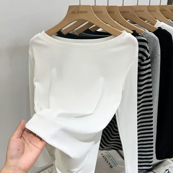 Harajuku ملابس علوية من القطن عادية المحاصيل القمم خمر مخطط سليم تي شيرت المرأة 2025 الصيف Y2k الشارع الشهير س الرقبة طويلة الأكمام تي شيرت 3