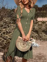 Summer Women Short Sleeve V Neck Solid Color Single Breasted Cotton Linen A Line Dress - Image 6