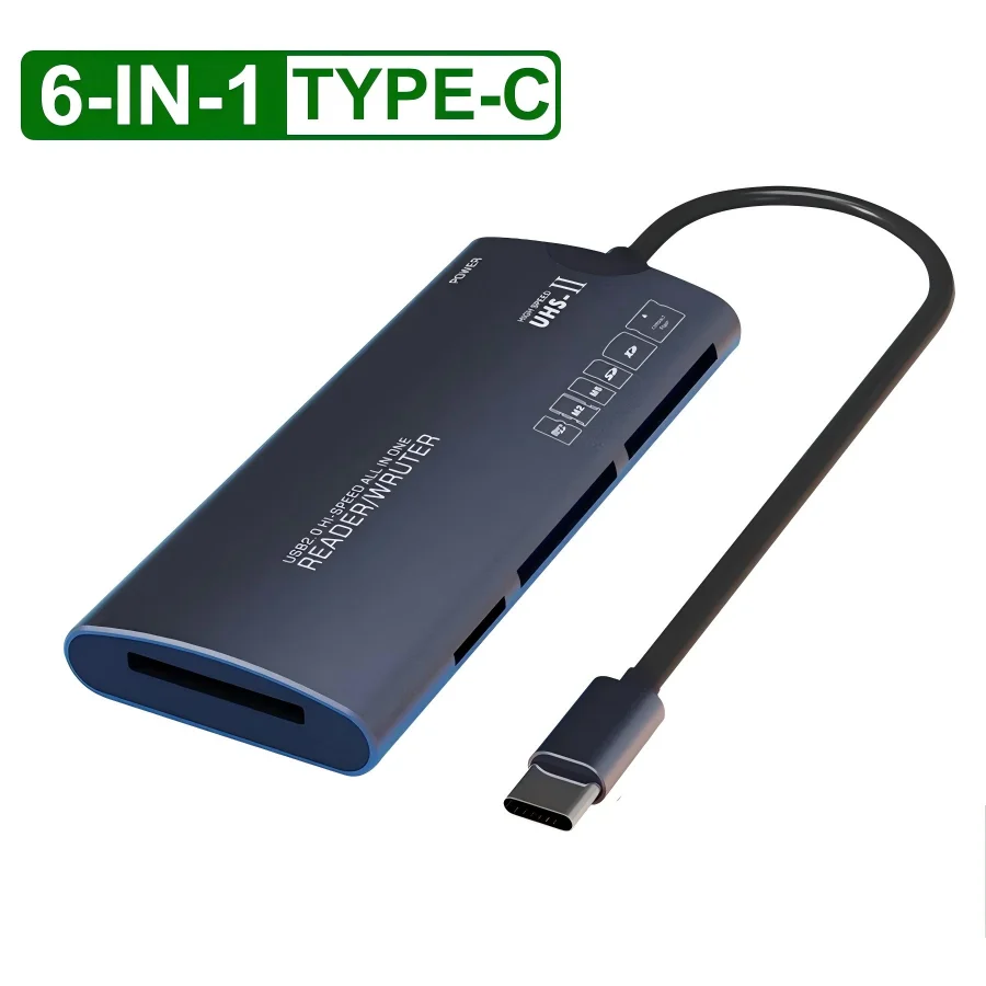 6'sı 1 arada USB2.0/TYPE-C çok işlevli kart okuyucu SD/TF/XD/CF/M2 hafıza kartı adaptörü, veri aktarımı ve daha fazlası için uygundur.