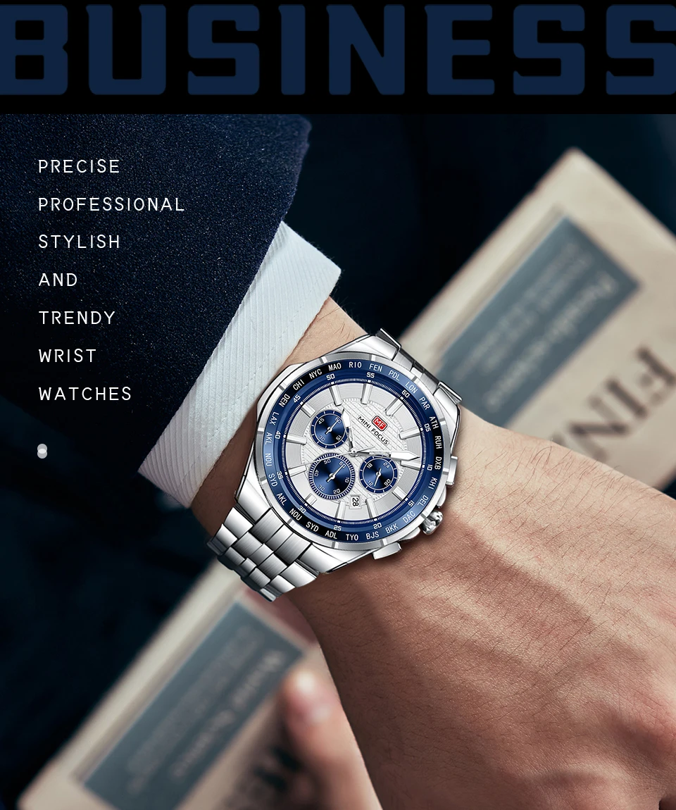 MINI FOCUS Orologio sportivo al quarzo da uomo, multifunzione, con piccoli quadranti, cinturino in acciaio inossidabile, orologi da uomo d'affari, nuovo 0613G_voghion.com