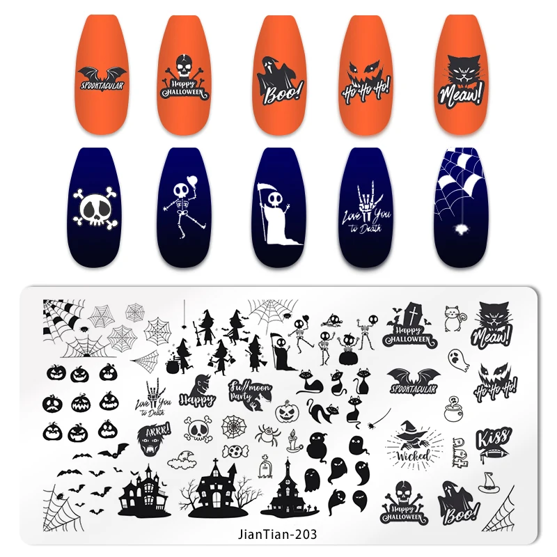 Halloween Nail Art Stamping Plate Drawing Template Pumpkin Heart Wave Line Ghost spider Bat Image Stencil Nail Printing Tools 4
