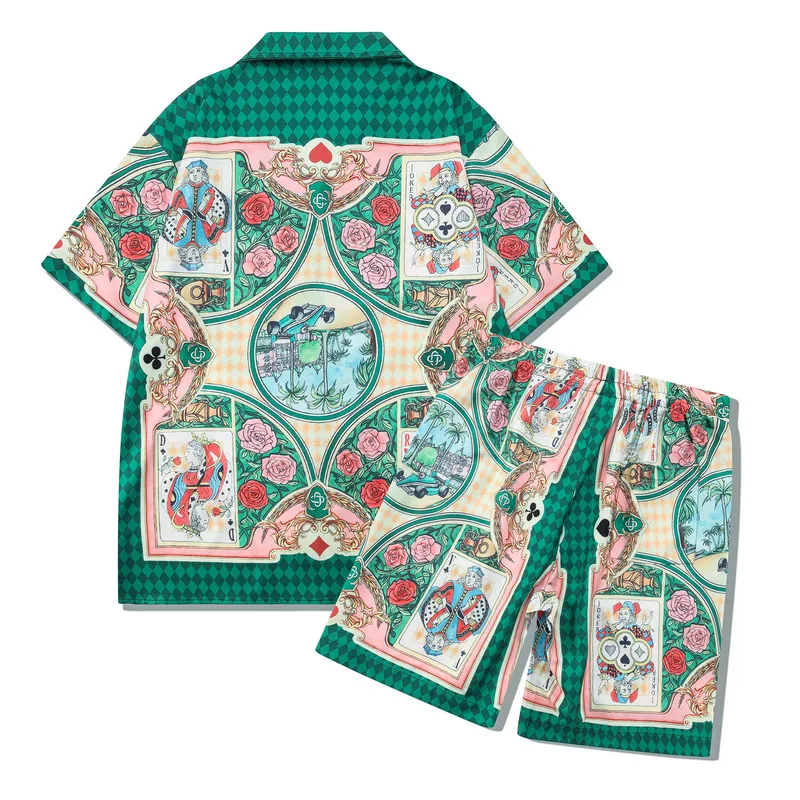 Summer Hawaiian Beach T-Shirts+shorts Sets Mens Vintage Poker Graphic Print Tops Hip Hop Casual Loose Short Sleeve 2 Piece Suits