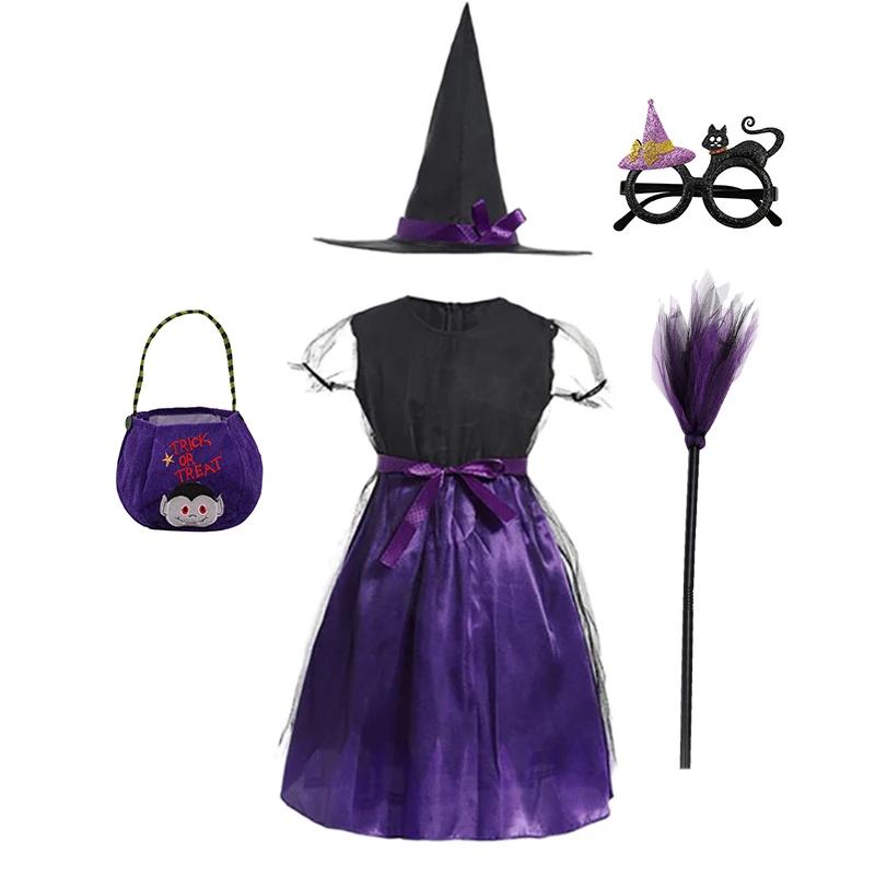 thumbnail image 1 of Disfraz de bruja de Halloween para niñas pequeñas, disfraz de princesa vampiro para niños, ropa de vestir para niños con sombrero, regalo de fiesta de carnaval, 1 of 5
