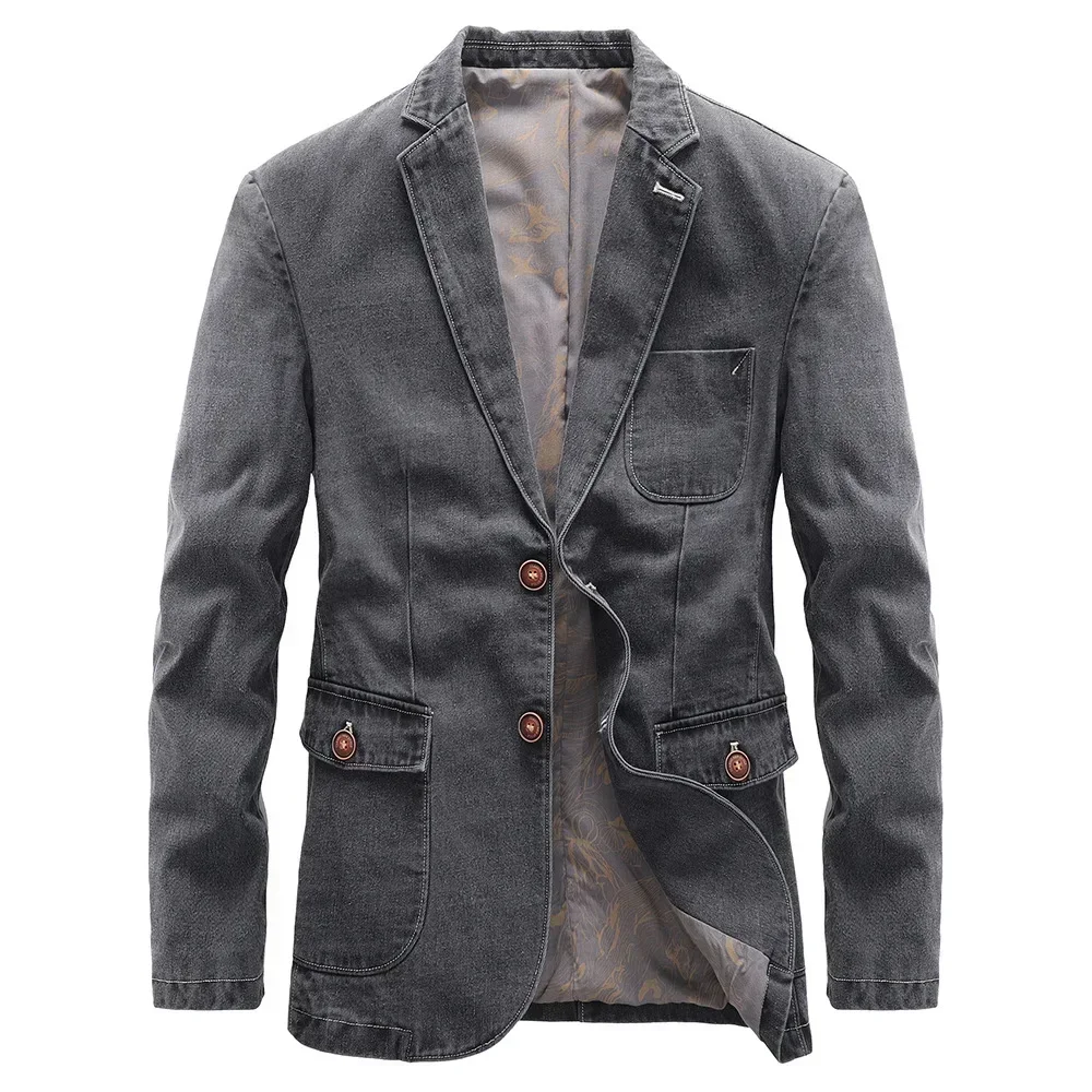 Men Cotton Denim Suit Jacket Button Up Top Mens Thin Slim Black Gray Suit Spring Blazer Male Outerwear Casual Office Wear 4xl