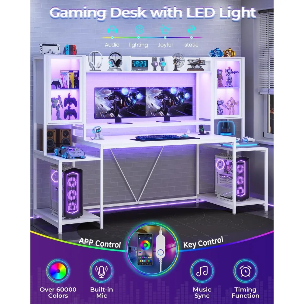 Gaming Desk 74.8'' with LED Lights, Hutch and Storage Shelves, Computer Desk with Monitor Stand, Large PC Gamer Desk Workstation 2
