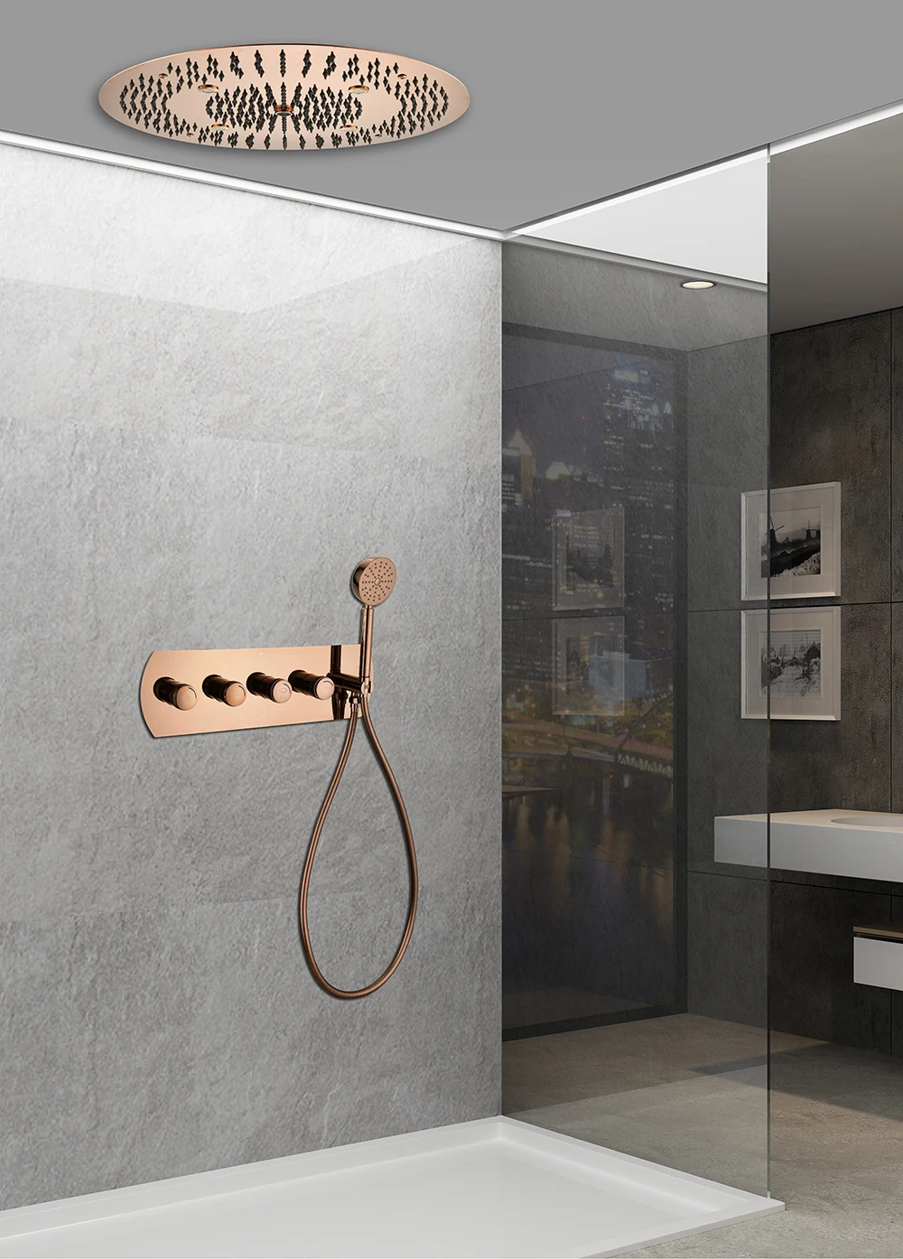 

Rose Gold 600mm Round Shower Faucet Canopy Concealed Shower Head, Thermostatic Switch, Rainfall Function with led light
