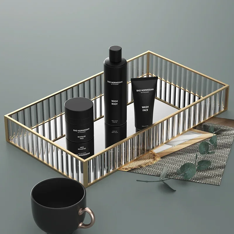 Makeup Storage Tray Glass Transparent Cosmetic Organizer Metal Perfume Lipstick Stand Rectangle Dresser Decoration Tray for Home 2