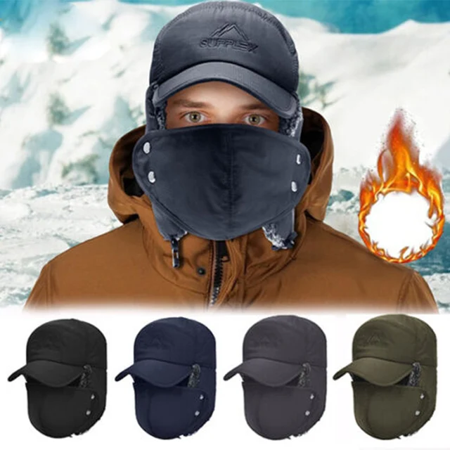 Fashion Winter Bomber Hats Mask for Men Northeast Mask Ushanka Lei Feng Hat Outdoor Windproof Warm Thick Earmuffs Flat-Top Cap 1