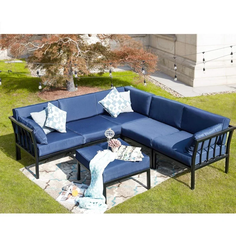 6 piece patio conversation set outdoor furniture sectional sofa with 3 corner couch 2 armless chair and 1 Ottoman, 6pcs, blue Cu