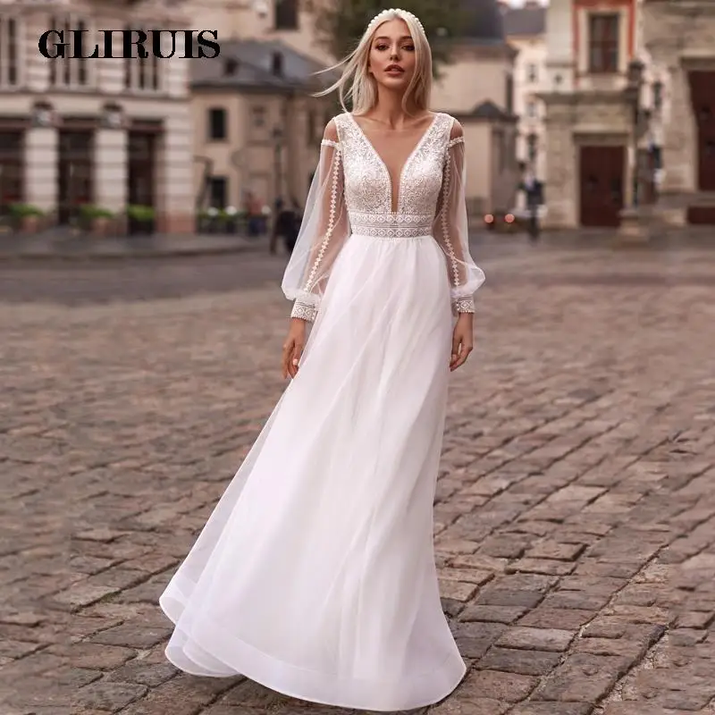 

Long Sleeve Wedding Dresses Sexy V-Neck Appliques Lace Buttons Tulle A-Line 2021 Vestido De Noiva Bridal Gown