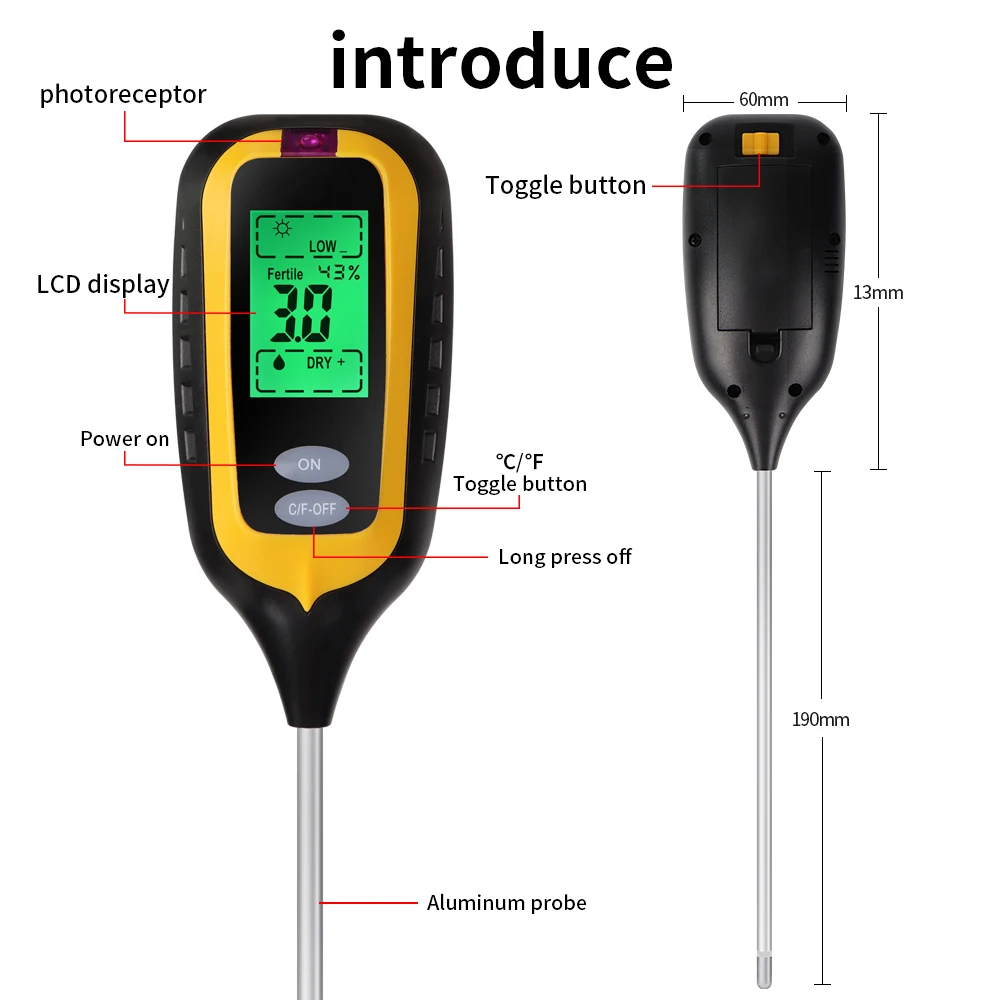 6 in 1 Soil PH Meter Fertility Soil Moisture Sunlight Ambient Humidity Temp Tester Monitor Detector Garden Soli Analyzer