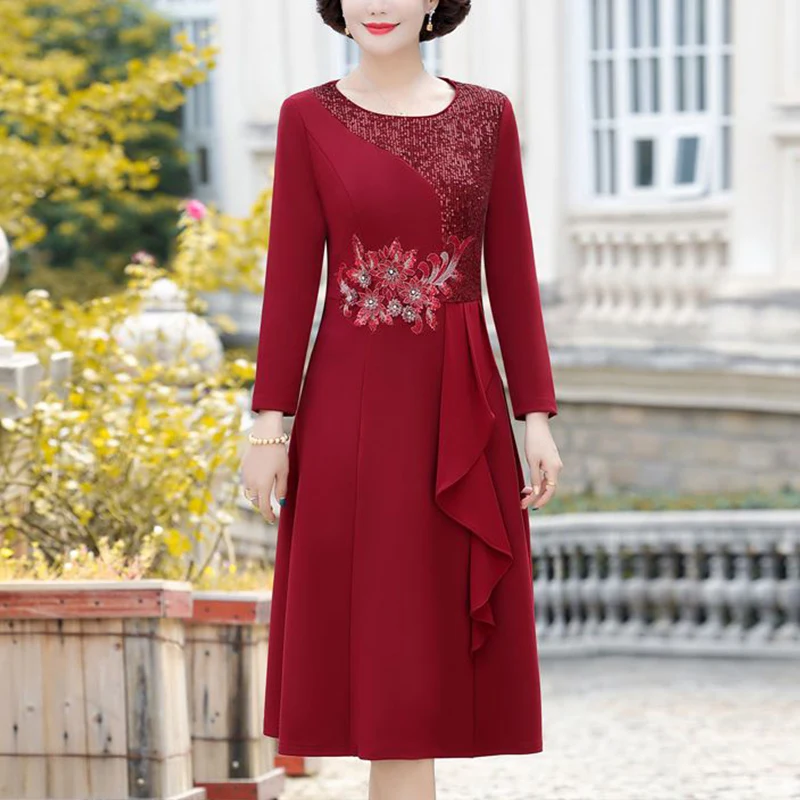 

2023 Elegant Fashion Solid Color Sweat Wedding Dress Mom's Dress Long Sleeve O Neck Sequin Embroider Middle Aged Fashion Dress