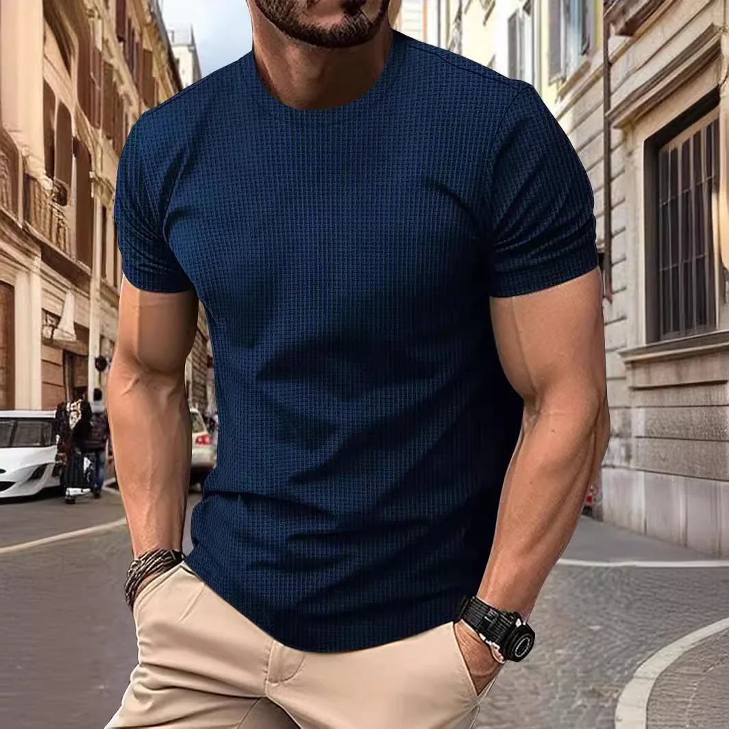 

High-end mesh ice silk quick dry short sleeve T-shirt men's round neck summer solid color new nylon slip T-shirt top tide