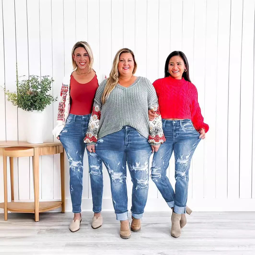 Sexy Ripped Mid Waist Jeans for Women Vintage Clothes Y2k Fashion Straight Denim Trousers Streetwear Hole Hip Hop Pants Jeans