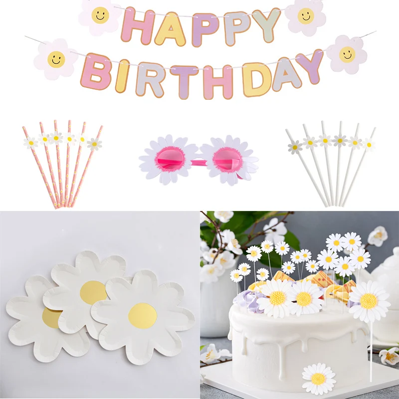 

Daisy Flower Birthday Party Decorations Paper Happy Birthday Banner Cake Topper Straw Glasses Girls Baby Shower Wedding Supplies