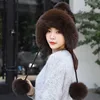 Real Mink Fur Hat with Fox Fur Ball Earmuffs Protective Cap Winter Hat for Women Russian Autumn Hat Fox Fur Beanies Fall Bonnet 6