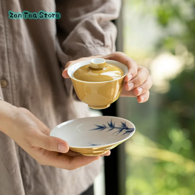 

Hand-painted Color Glaze Blue Bamboo Three Covered Bowl with Pot Bearing Ceramic Kung Fu Tea Set Tea Bowl Handmade Thin Bead