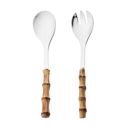 Elegant Long Handle Bamboo-Accented Salad Serving Set - Stainless Steel Spoon and Fork Duo (2Pcs Silver)