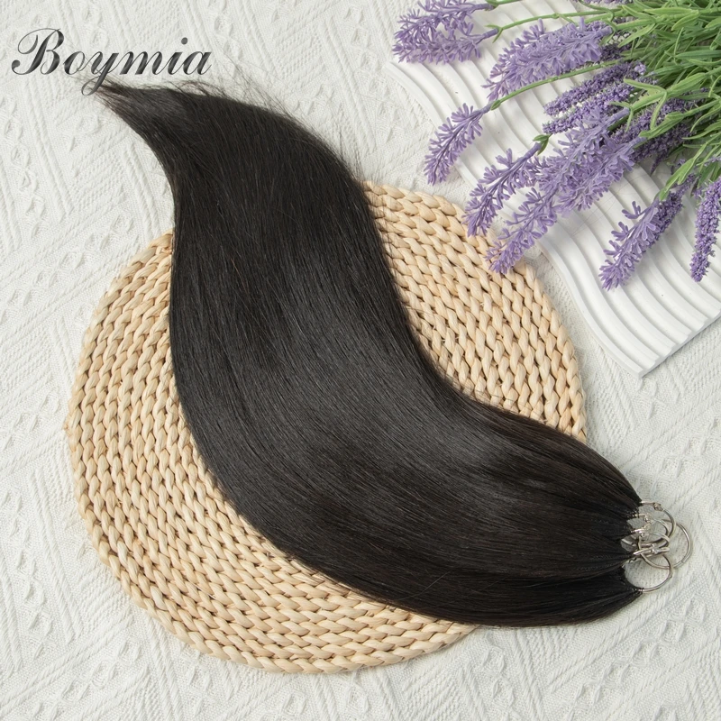 Boymia Micro Feather Human Hair Extensions 16"-24 Invisible Cotton String Knitting Extension Straight Natural Human Hair