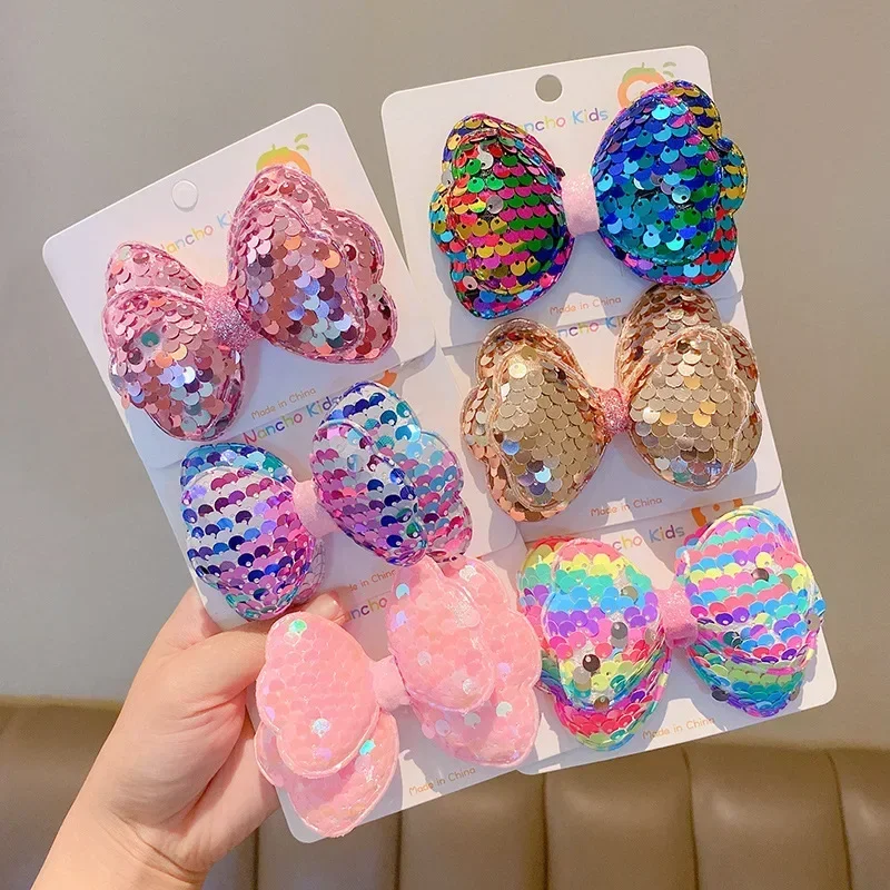 

Laser Sequins Bow Hair Clips Girls Children Bangs Side Duckbill Clip Sweet Cute Hairband Korean Fashion Hair Styling Accessories