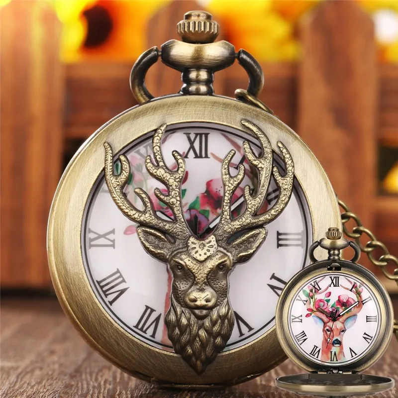 

Vintage Style Pocket Watch with Hollow Out Elk Pattern Half Hunter Quartz Movement Clock Necklace Chain Gift Reloj de bolsillo