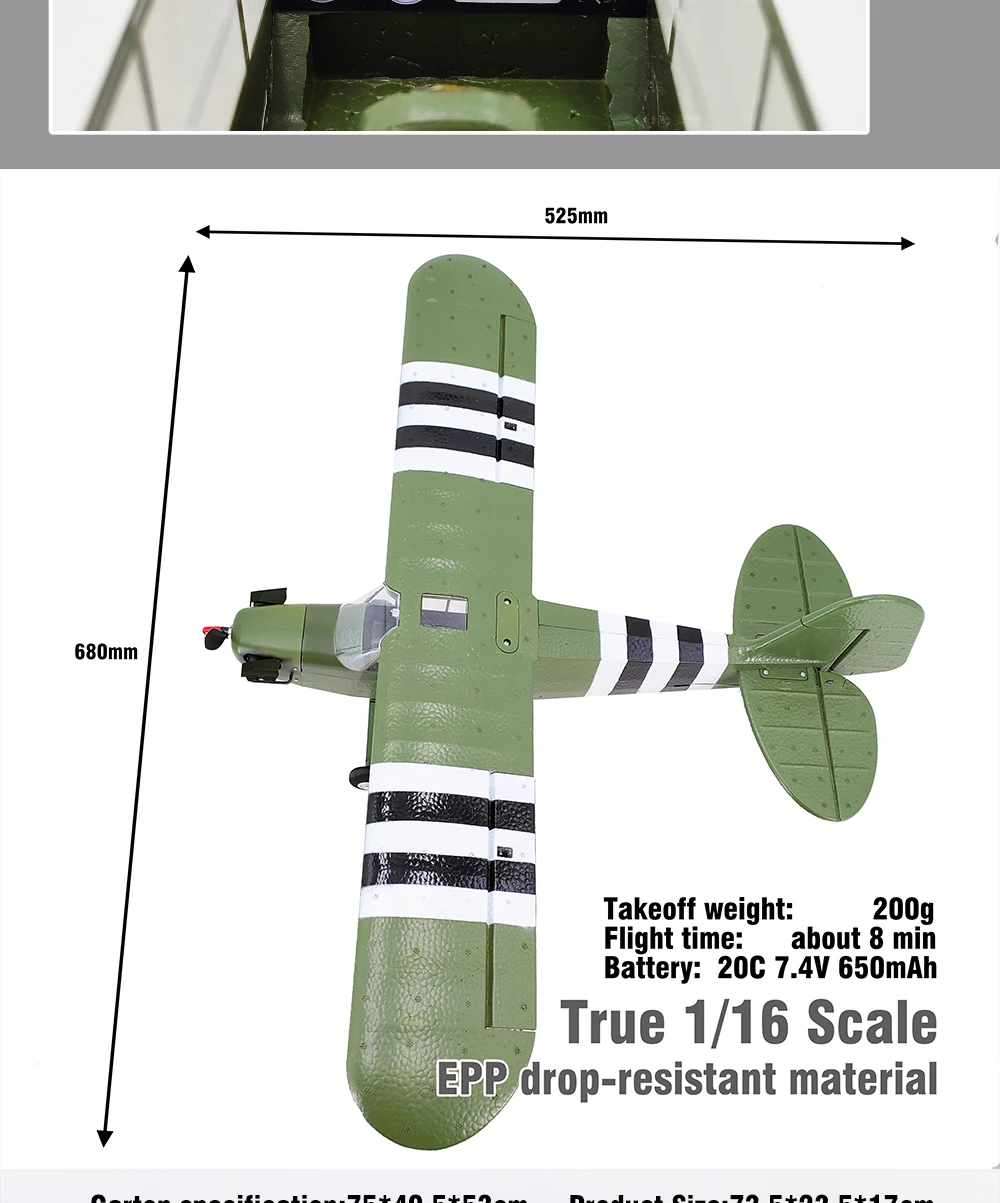 J-3 CUB Military Aircraft, 525mm 68Omm Takeoff weight: about 8 min Battery: 20C 7.