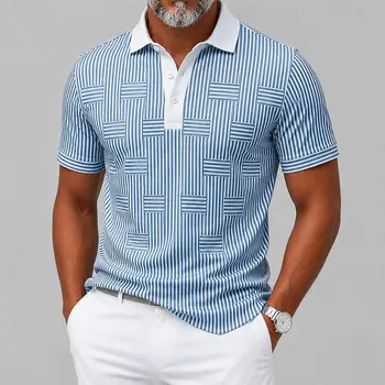 Polo da uomo con stampa a righe verticali blu e bianche, top casual per streetwear primaverile ed estivo e occasioni smart casual