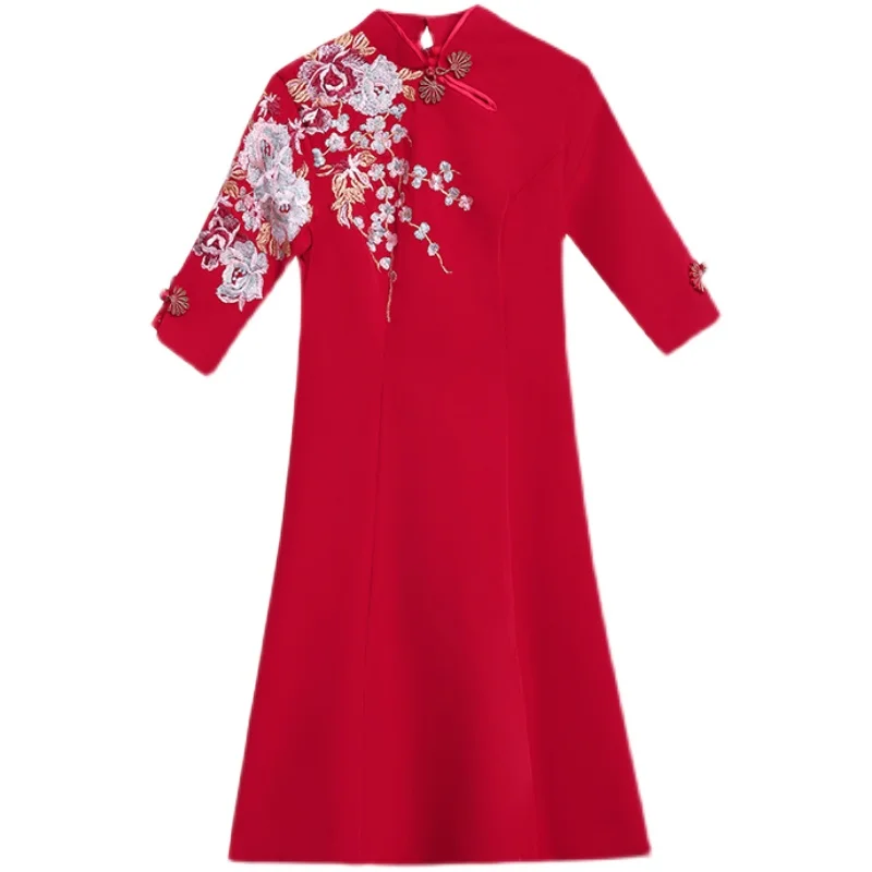 Floral Embroidery Red Cheongsam Dress Chinese Style New Year Clothes Stand Collar Retro Buckle Elegant Long Sleeve Dress Women 5