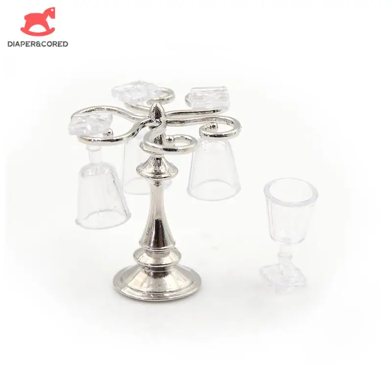

DollHouse Miniature Cute Resin Metal Cup Holder With 4 Wine Glass Toys For KID Children Play House Kitchen Decor Accessories