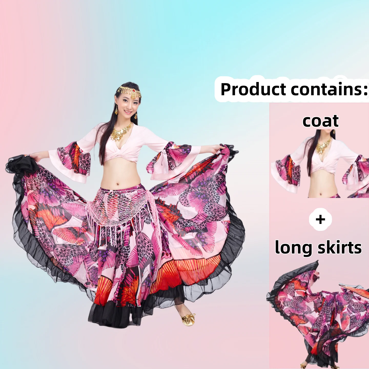 

Big Flower Skirt Set 720 Degree Belly Dance Oriental Big Swing Colorful Pattern Ethnic Style Two-Piece Set Stage Performance