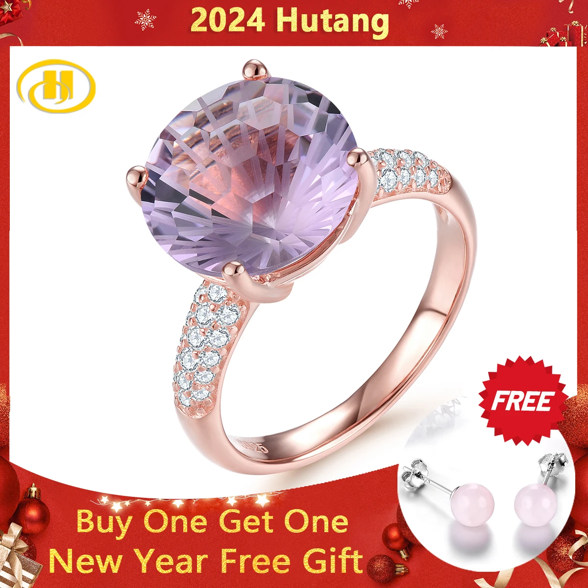 

Natural Pink Amethyst Sterling Silver Rose Gold Plated Ring 6.5 Carats Firework Cutting Brilliant Romantic Design Wedding Ring