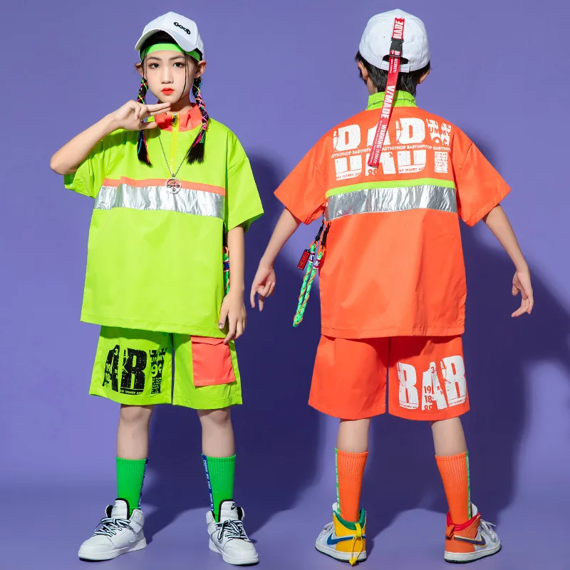 

Children Streetwear Hip Hop Fashion Sets Splice Print Loose Short Sleeve T-shirt Shorts Boys Girls Dance Clothing Kid T Shirt