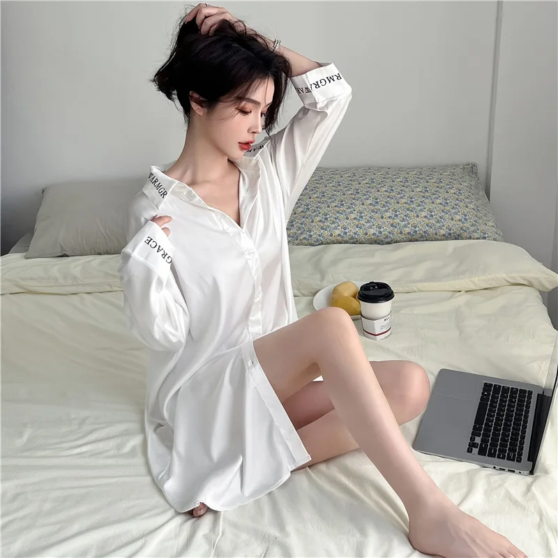 

Spring Summer Sexy Sleepshirt Nightdress White Thin Rayon Nightgown Bathrobe for Women Three Quarter Sleeve Mini Home Dress