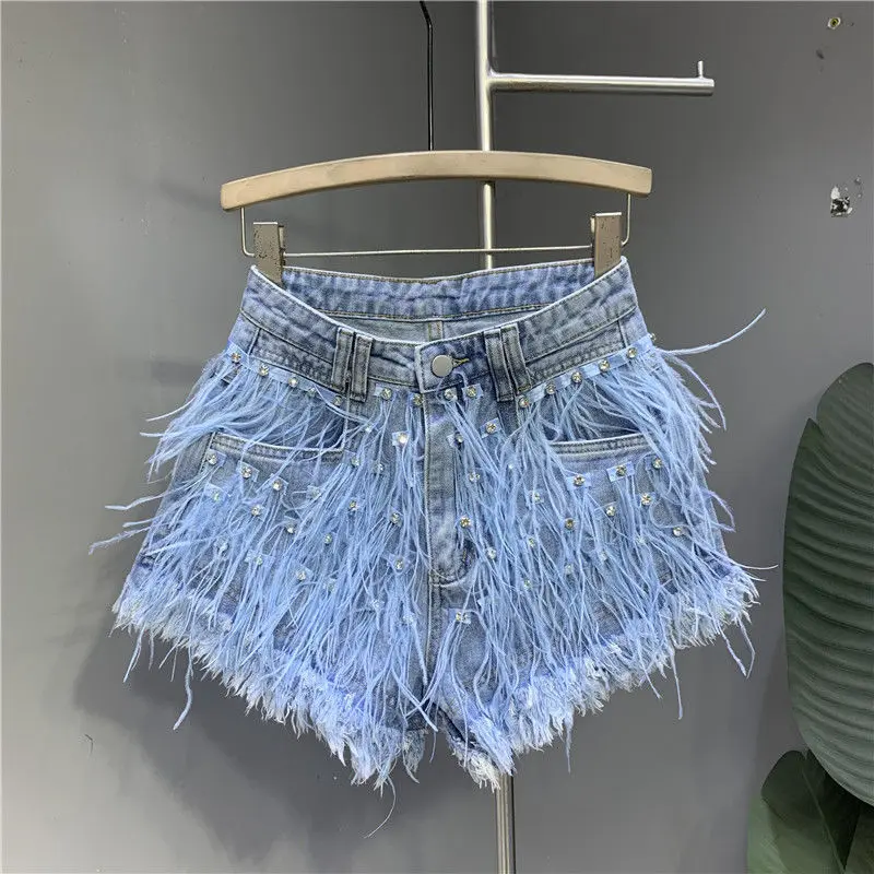 2023 Summer New  Diamond Embedding Ostrich Hair Shows Thin Tassels Fashion Denim Shorts Women's Trend