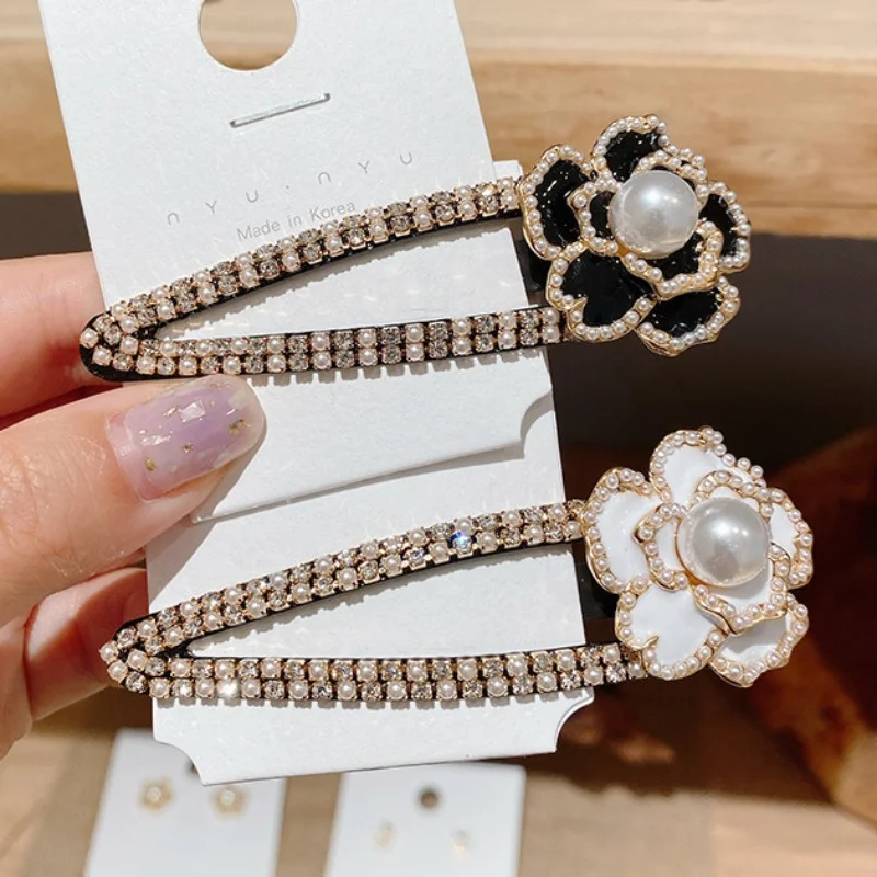 Korean Elegant Floral BB Hair Clip with Camellia Flower, Pearl and Rhinestone for Girls Chic Headwear Accessories Pince Cheveux