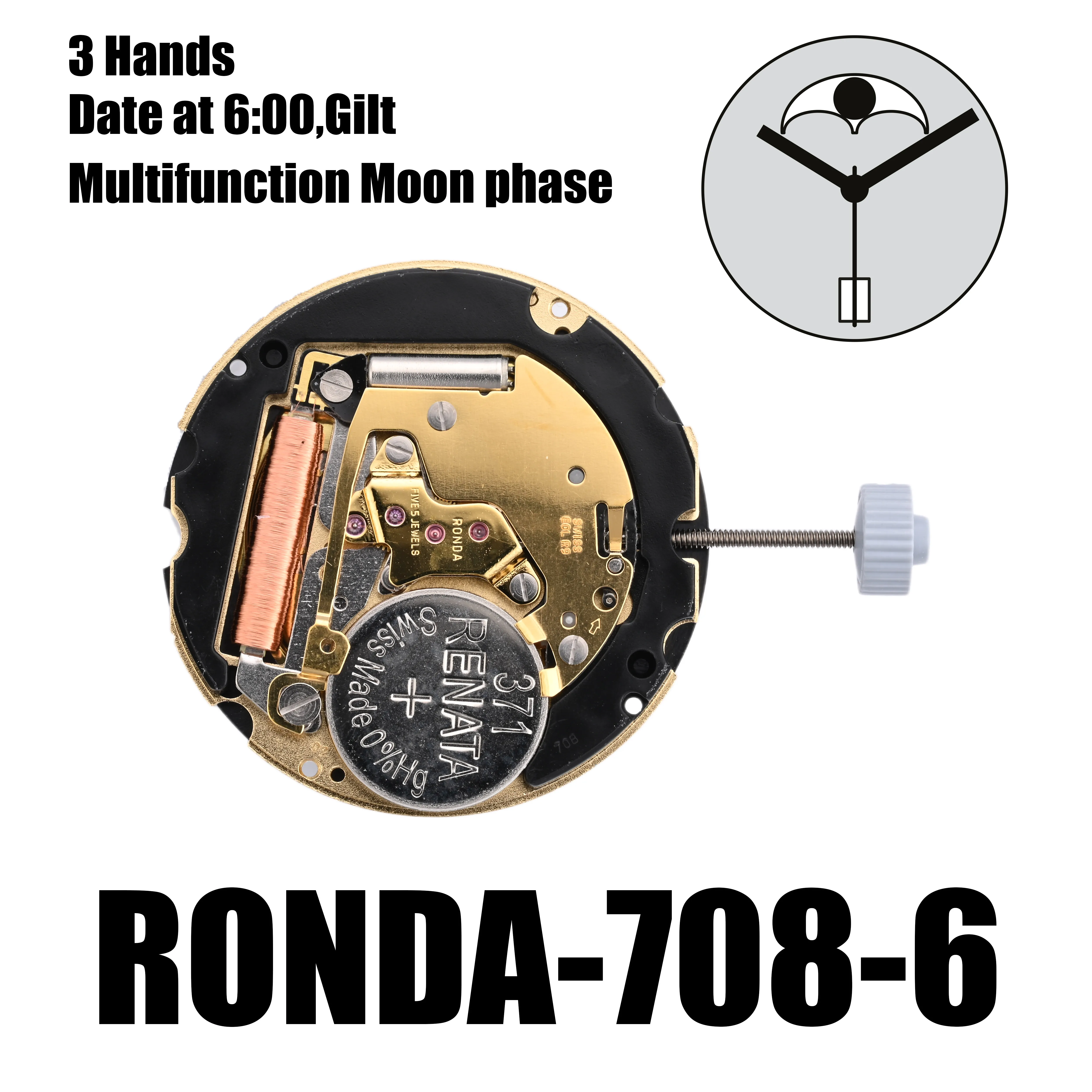 Moon Phase Ronda 706b Quartz Movement 708 Movement Swiss Ronda 708