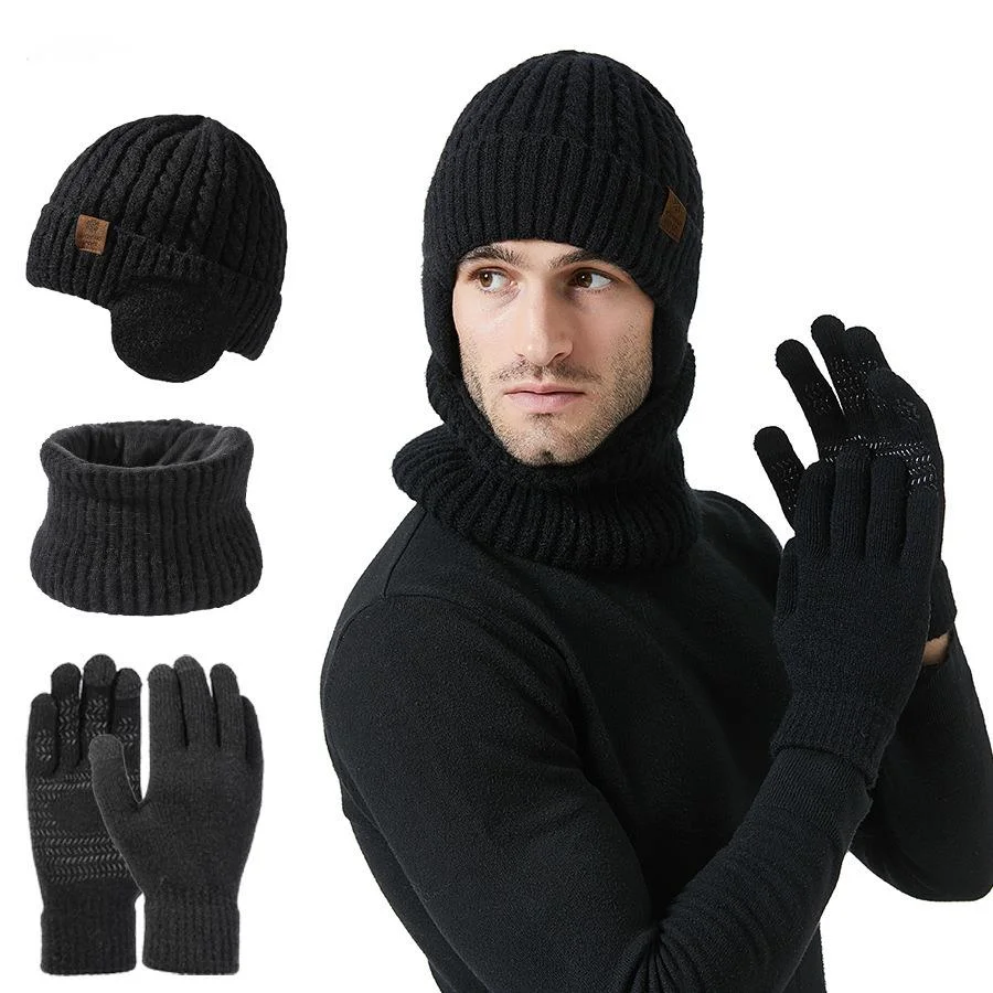Nouveau bonnet tricoté en velours pour protection des oreilles, écharpe, gants pour écran tactile, combinaison chaude, bonnet en laine chaud d'extérieur pour hommes_voghion.com