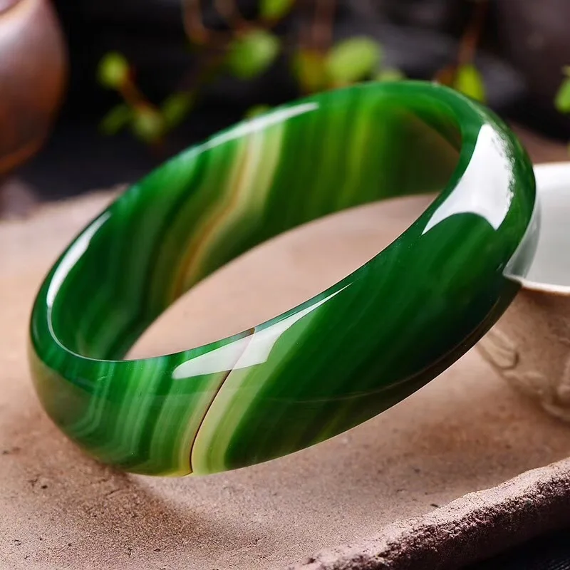 New Natural Handmade Green Agate Chalcedony Bangle Jade Retro Wishful Decoration Bracelet Exquisite Jewelry Accessories Gift