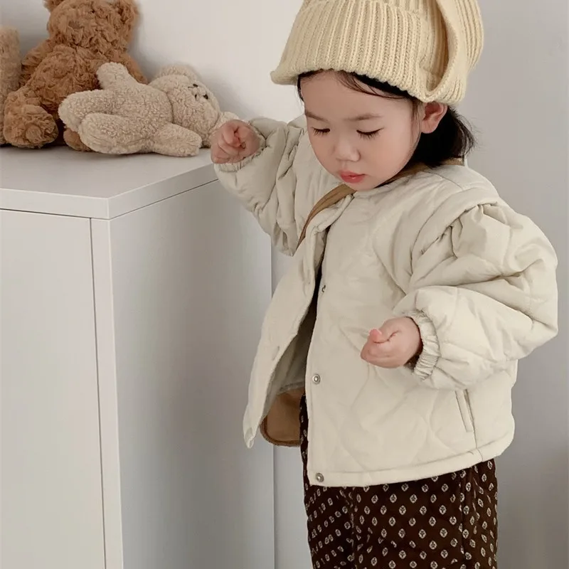 Girls Coat Winter New Childrens Wear Korean Baby Girl Foreign Cute Solid Color Plus Fleece Cotton Jacket Casual Simple