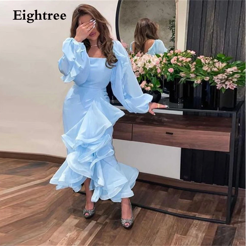 Eightree Sky Blue Evening Dresses 2022 Puff Sleeves Mermaid Stain Ruffles Simple Prom Dress Formal Party Gowns Vestidos De Noch