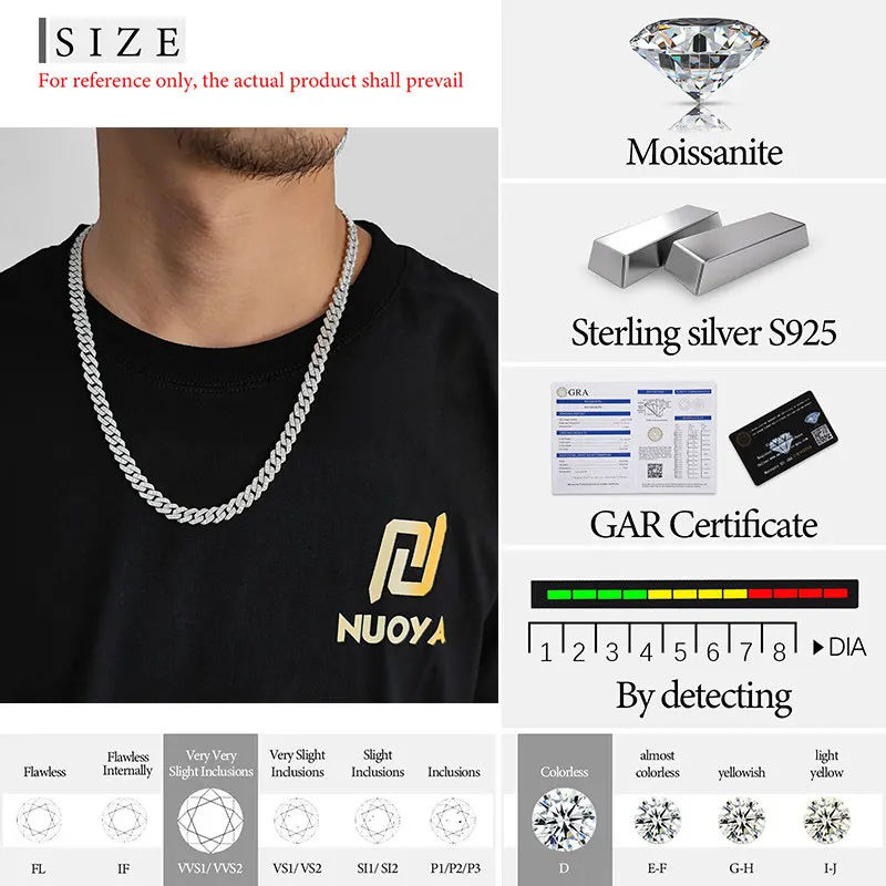 VVS All Moissanite Cuban Hip Hop Chain Necklace For Men 8mm Full Diamond 925 Sterling Silver Teen Girls Iced Out Chain