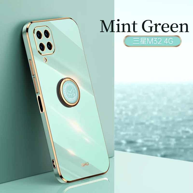 Luxury Square Plating Silicone Phone Case with 360° Ring Holder - Full Body Protective Soft Back Cover