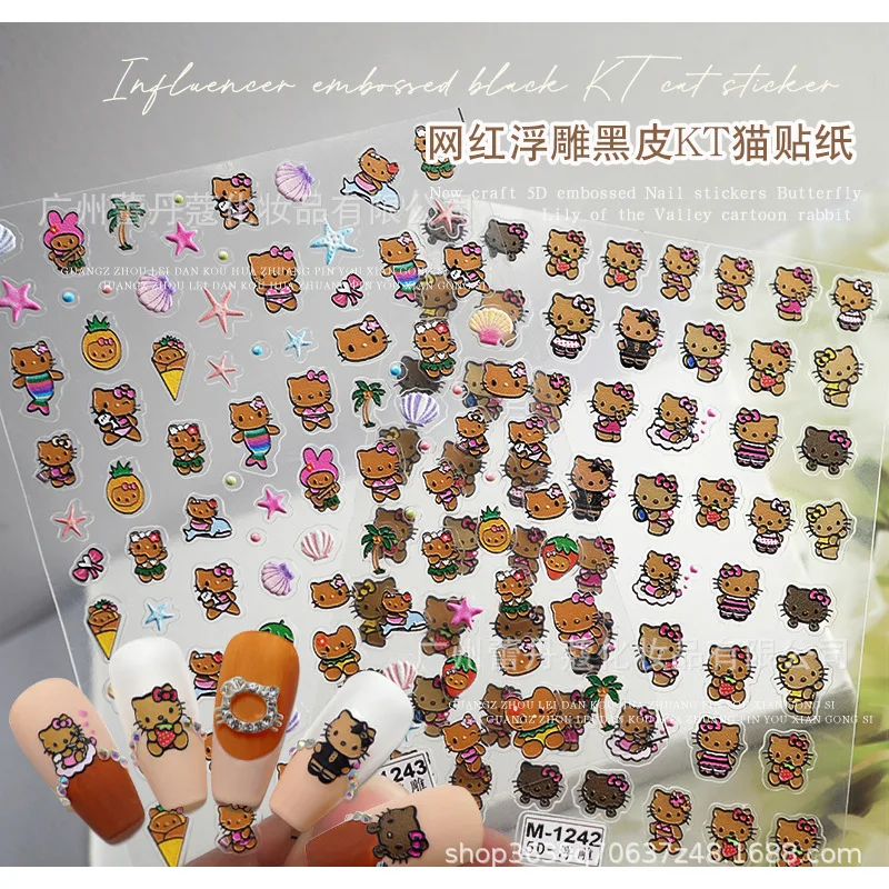 

Hawaiian Black Hello Kitty 3D Sanrio Nail Stickers Nail Art Accessories Cute Kulomi My Melody Stickers for Nails Nail Art Decals